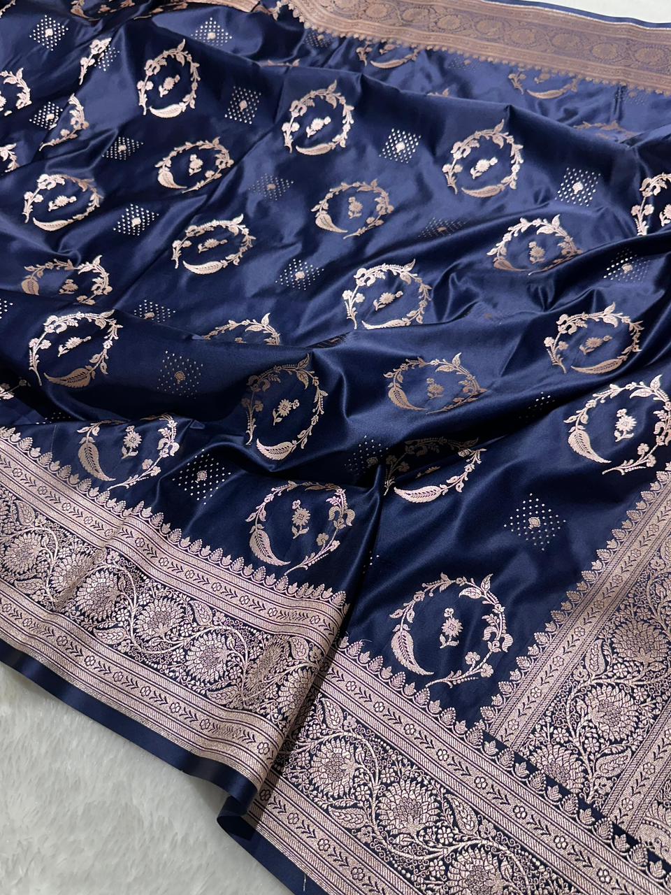 Navy Blue Mashru Silk Zari Banarasi Border Buta Saree