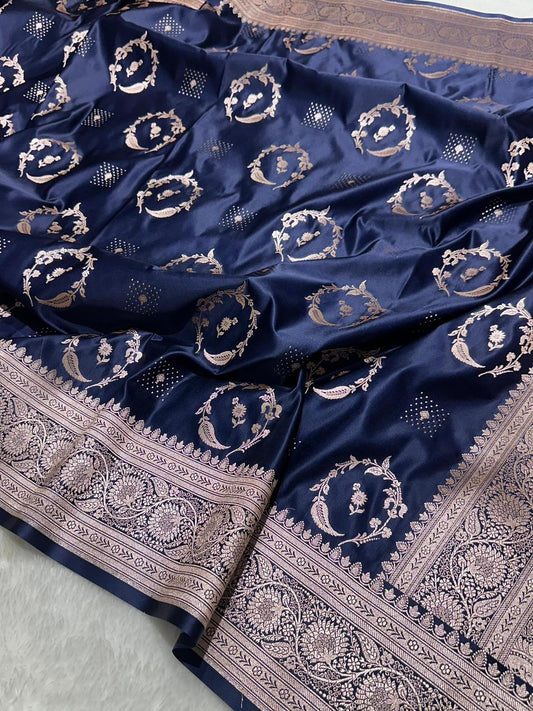 Navy Blue Mashru Silk Zari Banarasi Border Buta Saree