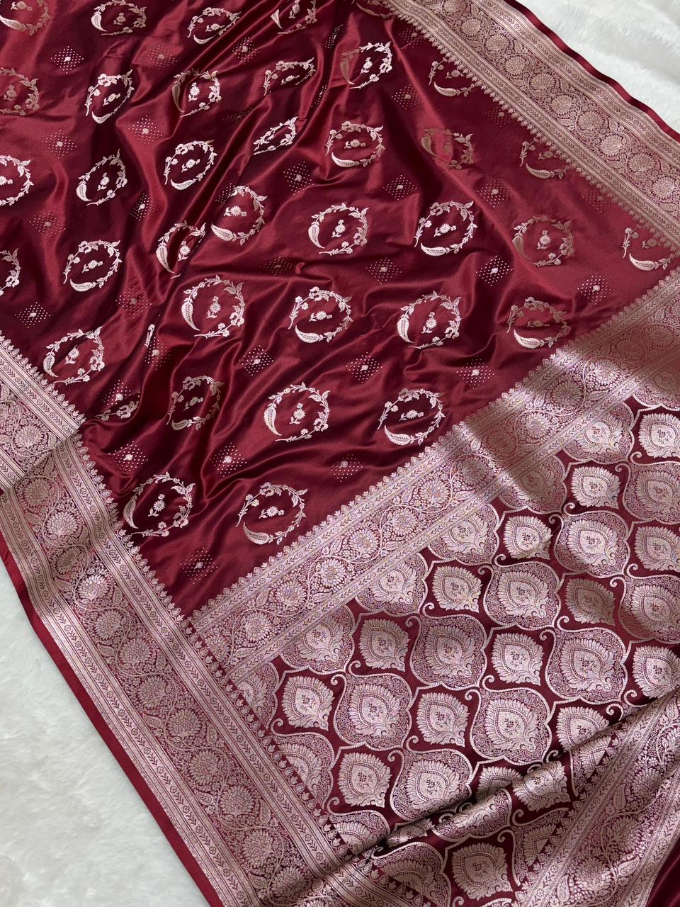 Maroon Mashru Silk Zari Banarasi Border Buta Saree
