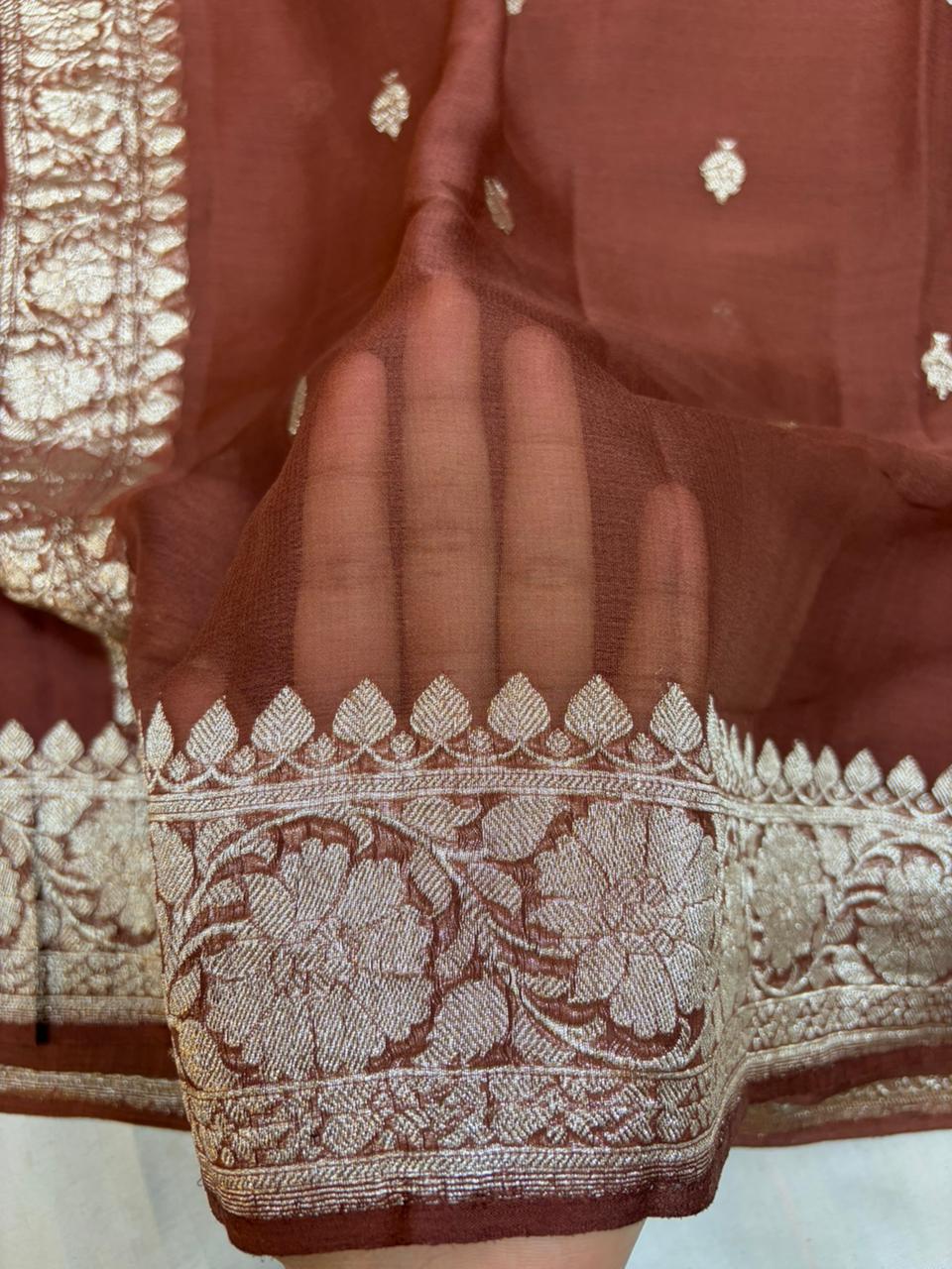 Dyeble Khaddi Chiffio Banarasi Zari Border Saree