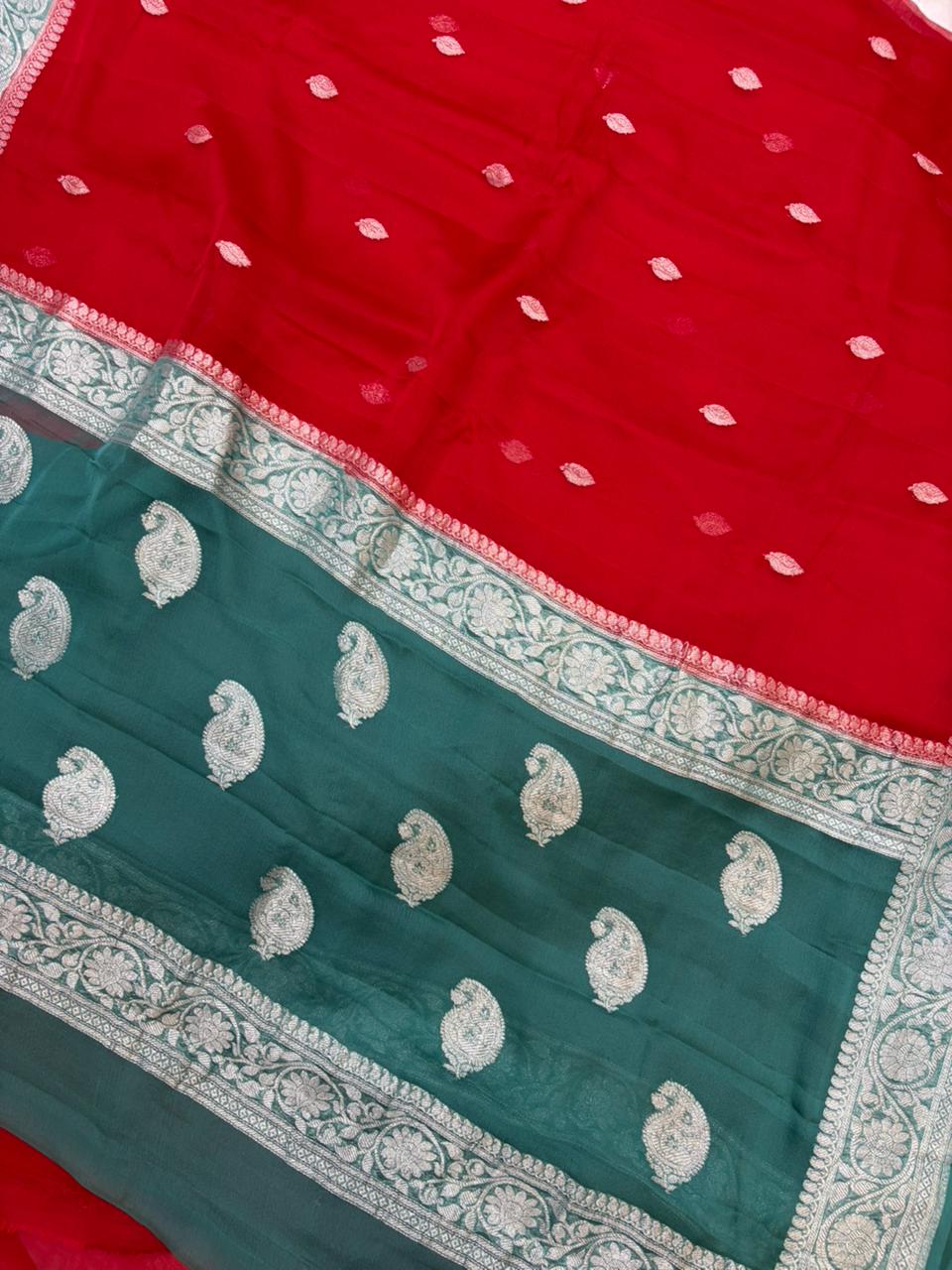 Powder Blue & Red Contrast Dyeble Khaddi Chiffio Saree