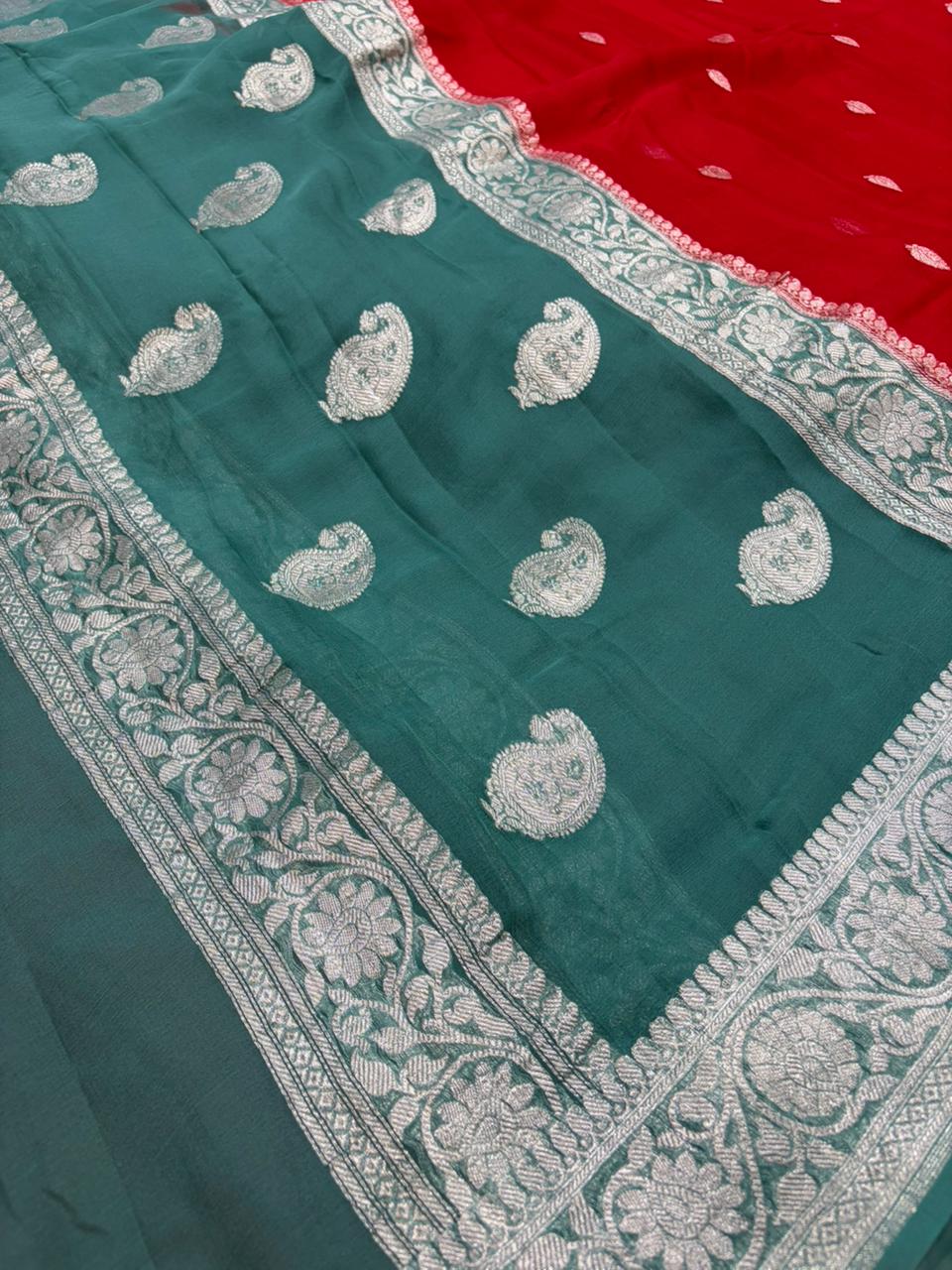 Powder Blue & Red Contrast Dyeble Khaddi Chiffio Saree