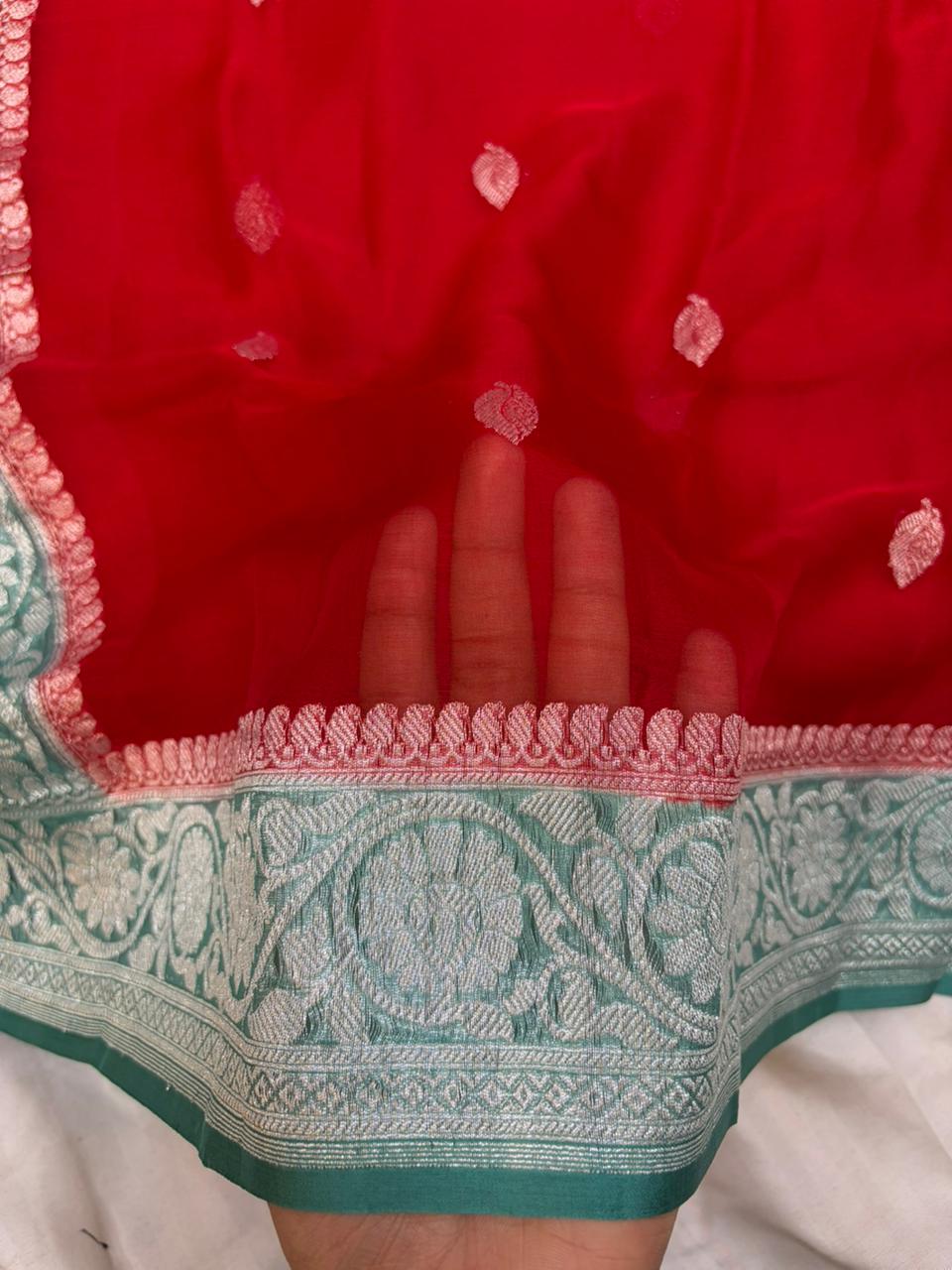 Powder Blue & Red Contrast Dyeble Khaddi Chiffio Saree