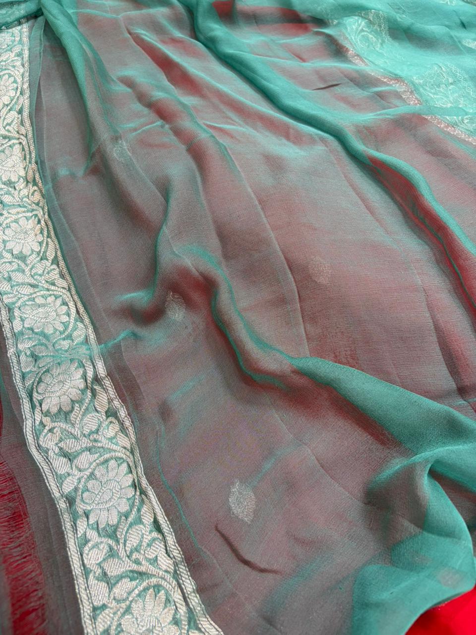 Powder Blue & Red Contrast Dyeble Khaddi Chiffio Saree