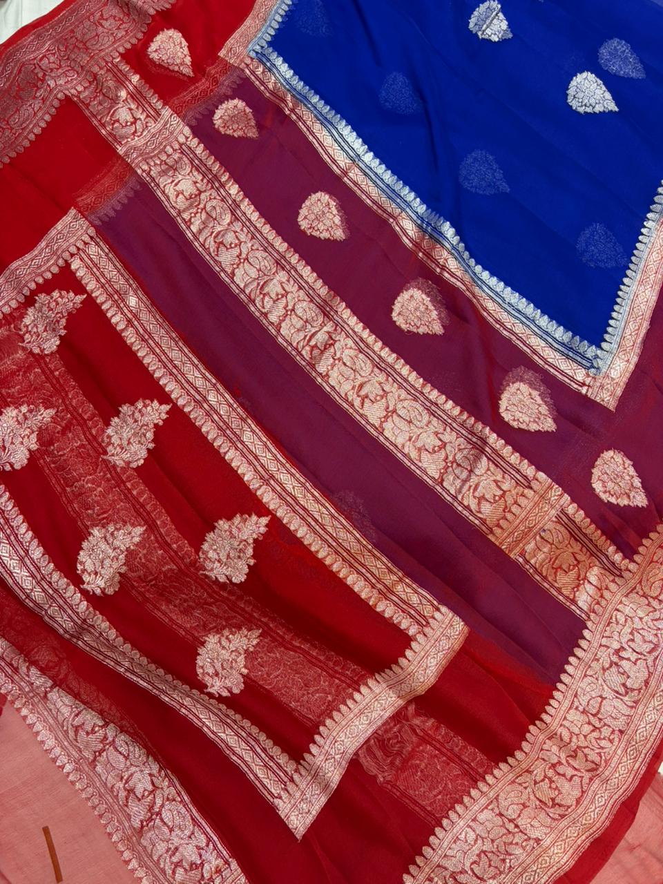 Red & Royal Blue Contrast Dyeble Khaddi Chiffio Saree