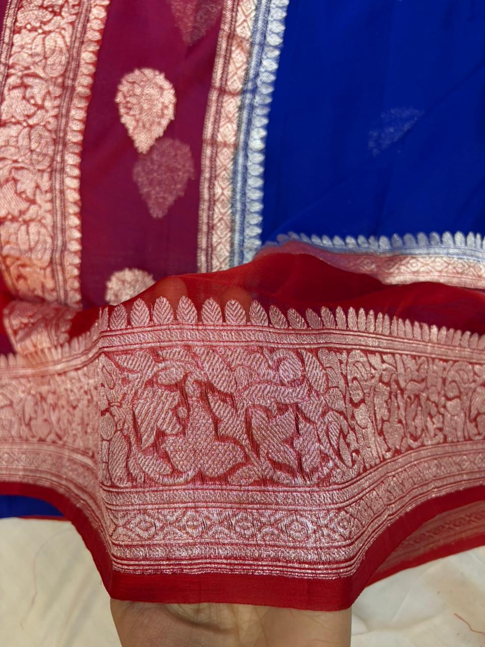 Red & Royal Blue Contrast Dyeble Khaddi Chiffio Saree
