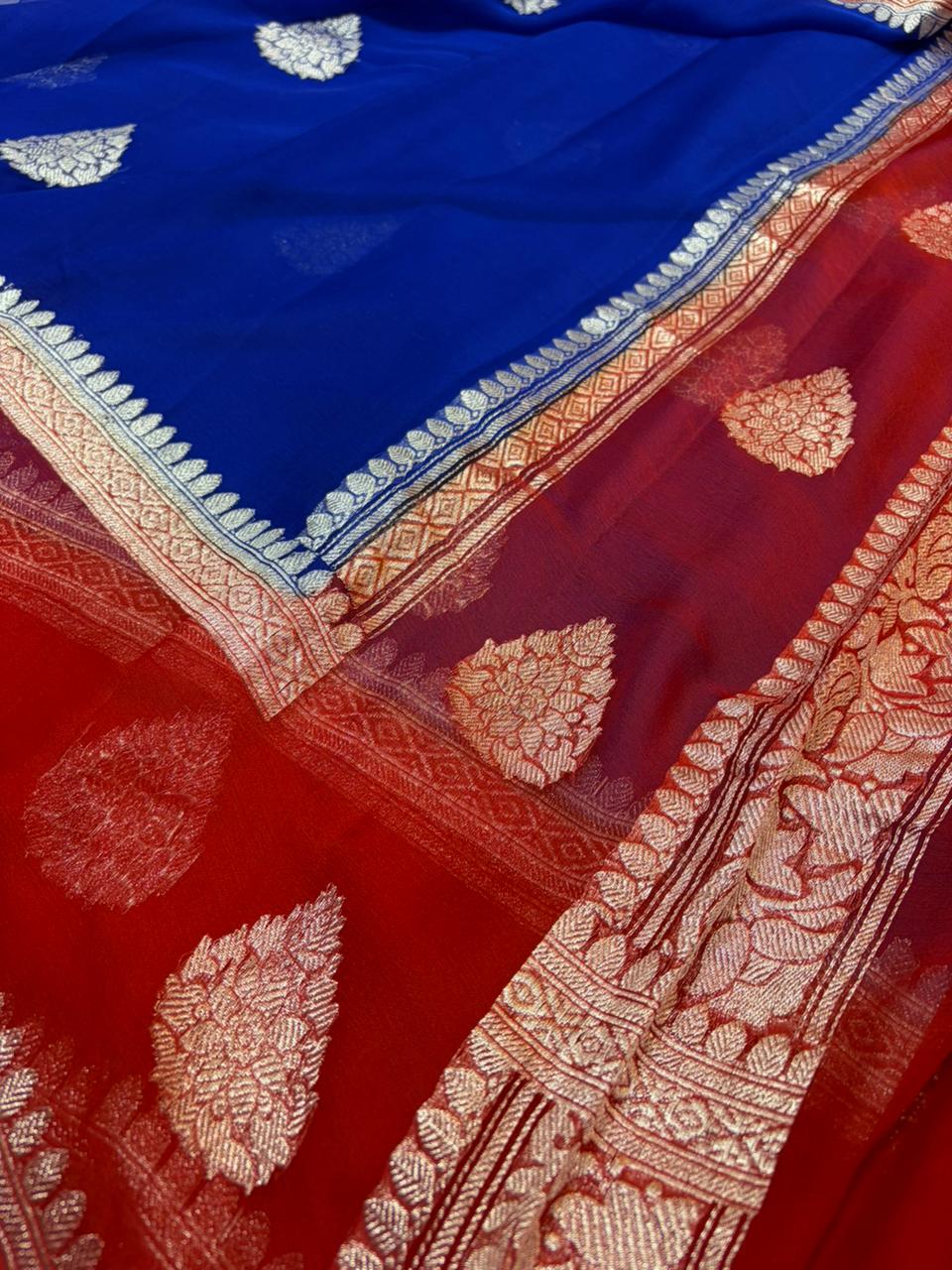Red & Royal Blue Contrast Dyeble Khaddi Chiffio Saree