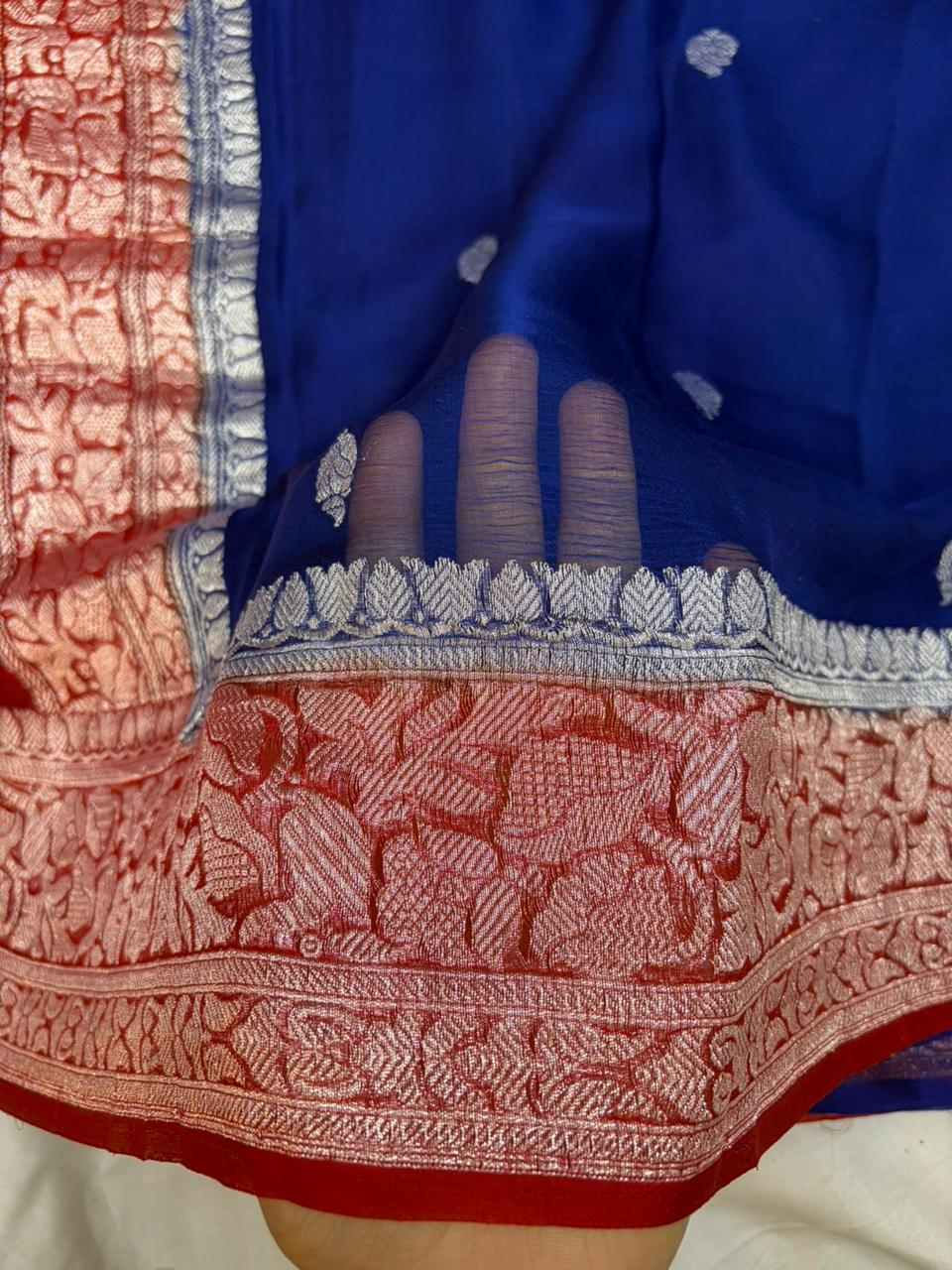 Red & Royal Blue Contrast Dyeble Khaddi Chiffio Saree