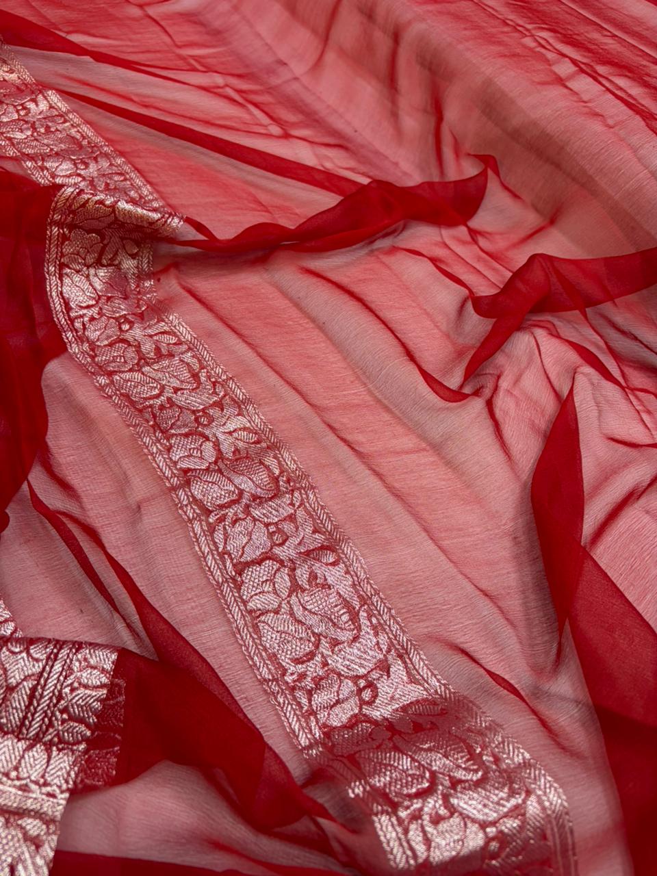 Red & Royal Blue Contrast Dyeble Khaddi Chiffio Saree