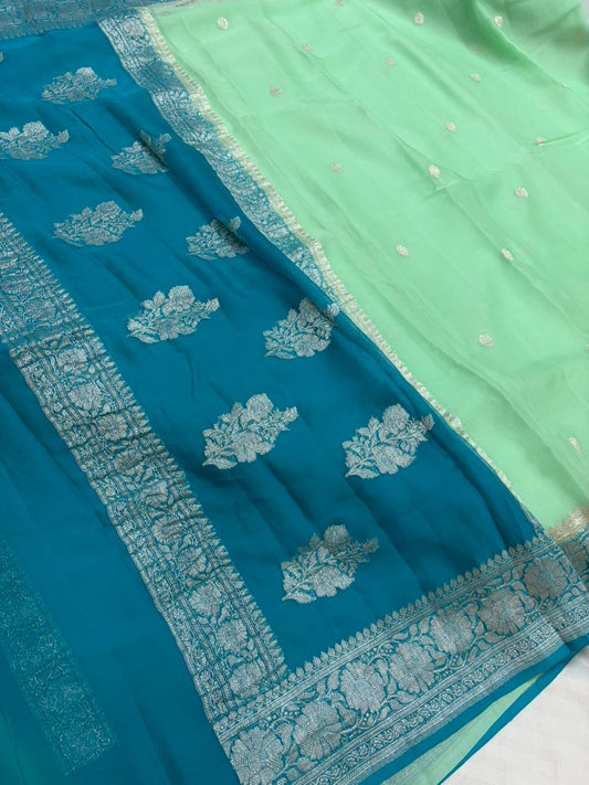 Powder Blue & Sea Green Contrast Dyeble Khaddi Chiffio Saree