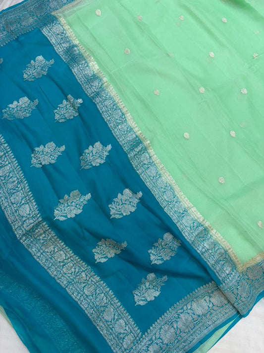 Powder Blue & Sea Green Contrast Dyeble Khaddi Chiffio Saree
