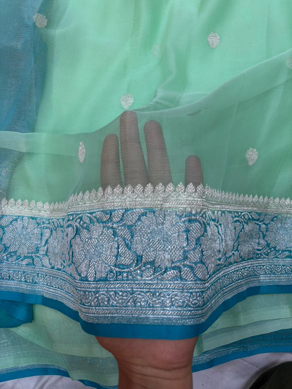 Powder Blue & Sea Green Contrast Dyeble Khaddi Chiffio Saree