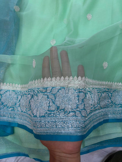 Powder Blue & Sea Green Contrast Dyeble Khaddi Chiffio Saree