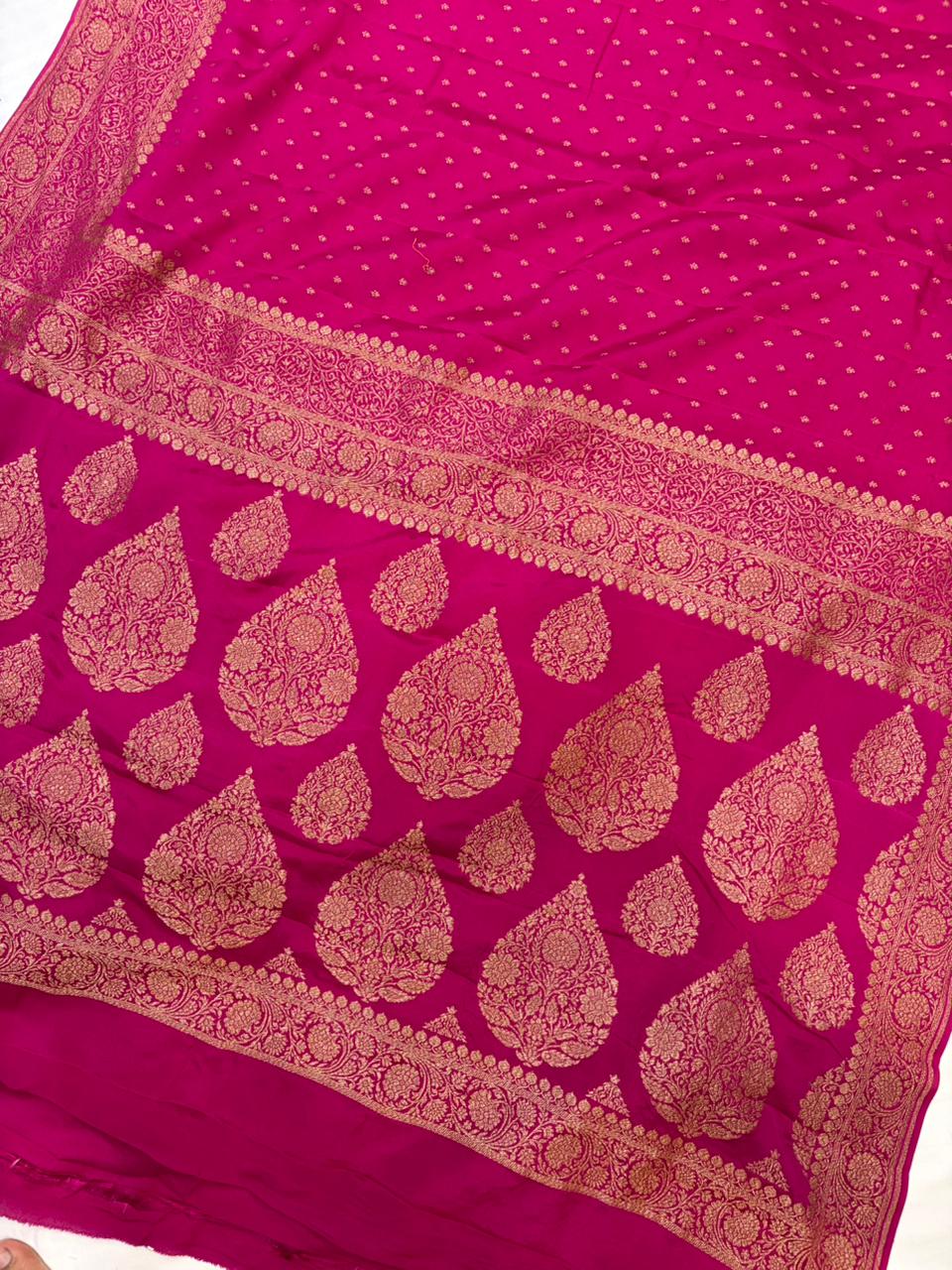 Dyeble Rani Pink Pure Crape Banarasi Border Saree