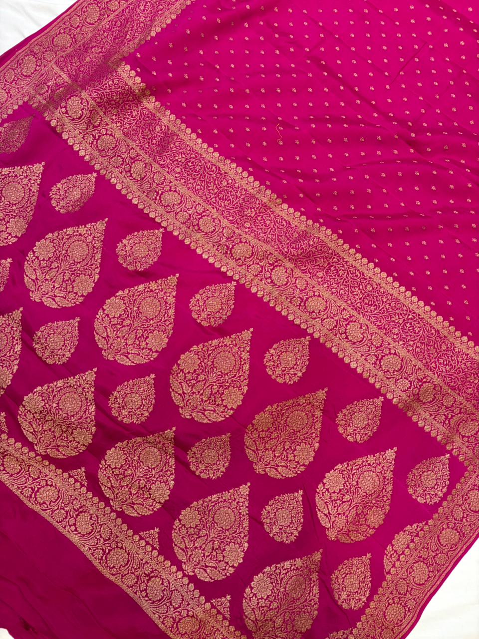 Dyeble Rani Pink Pure Crape Banarasi Border Saree