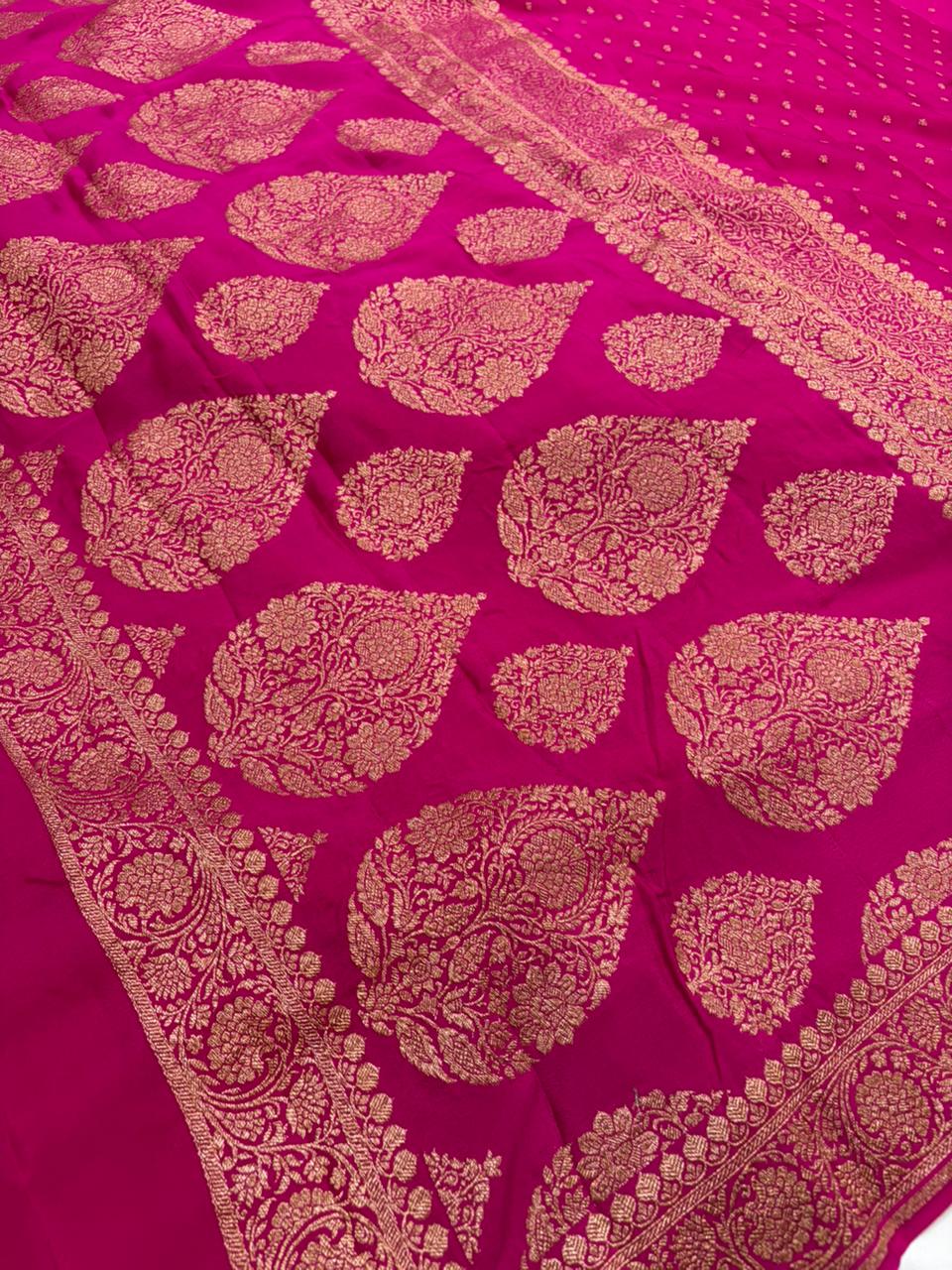 Dyeble Rani Pink Pure Crape Banarasi Border Saree