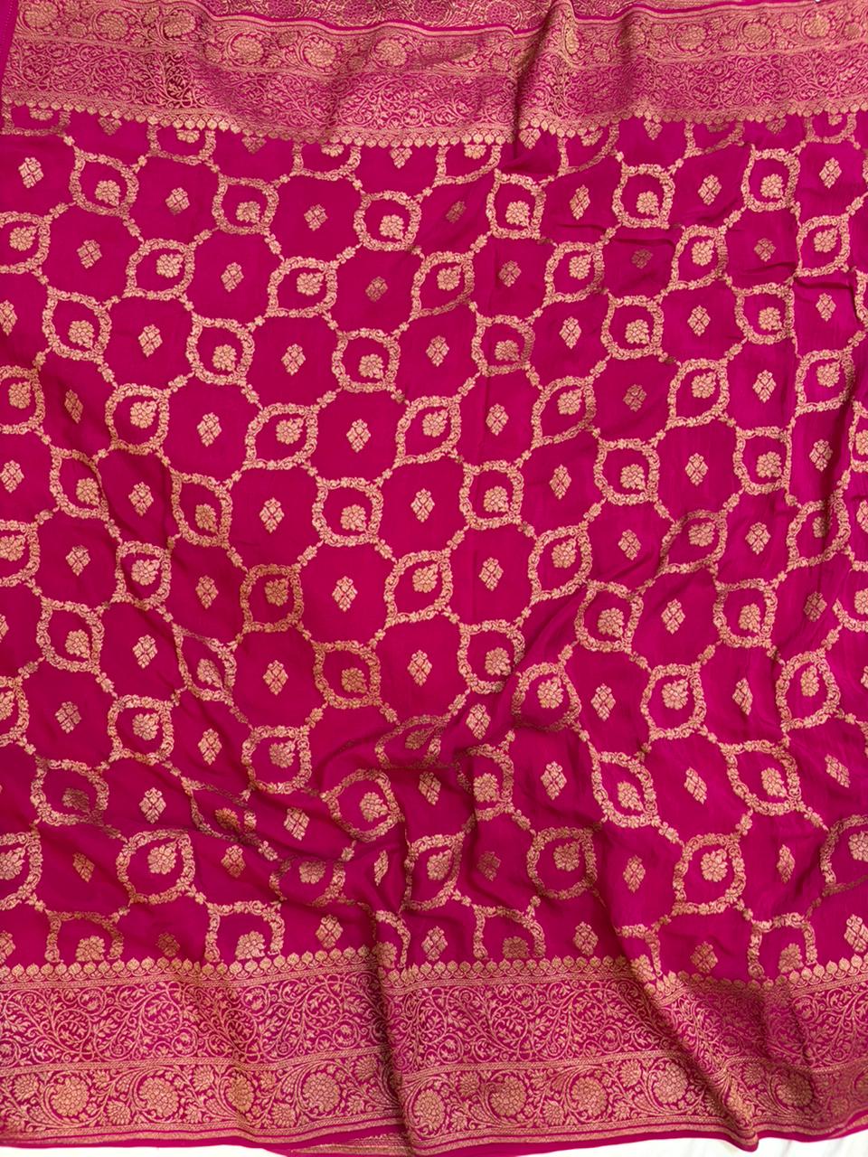 Dyeble Rani Pink Pure Crape Banarasi Border Saree