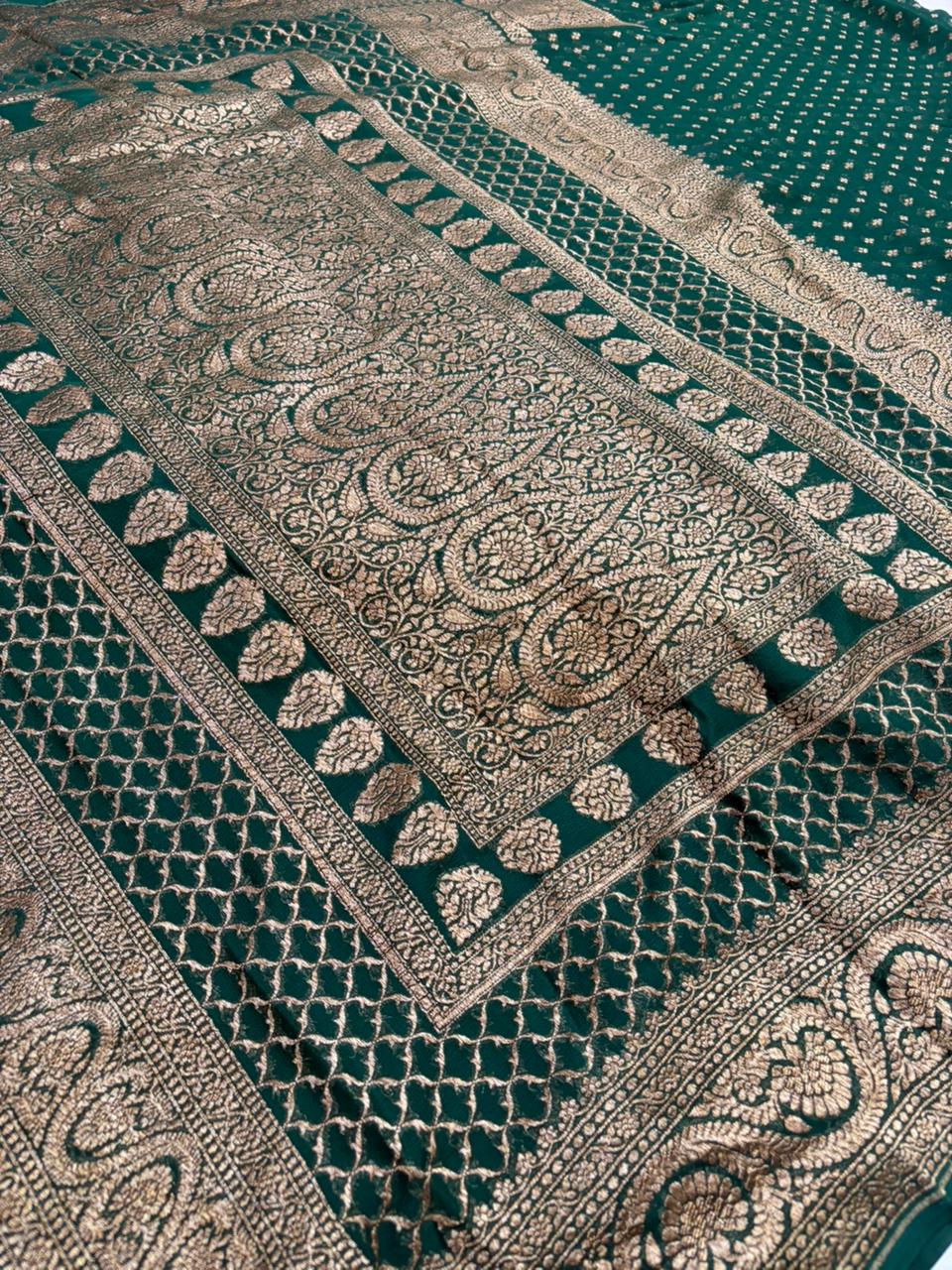 Bottle Green Pure Georgette Paithni Border Designer Anchal Dot Buti Saree