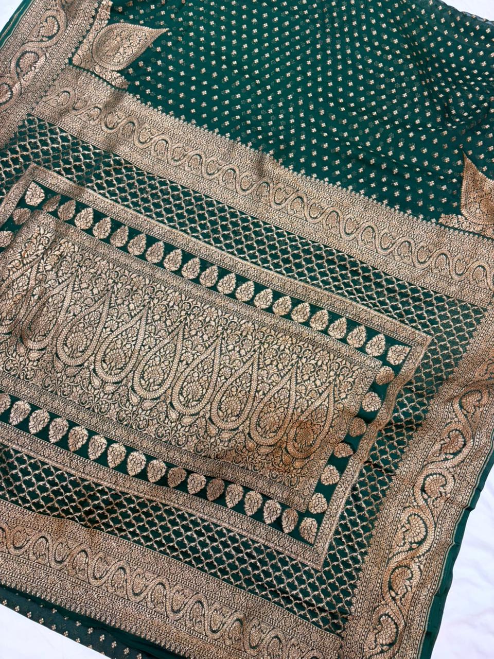 Bottle Green Pure Georgette Paithni Border Designer Anchal Dot Buti Saree