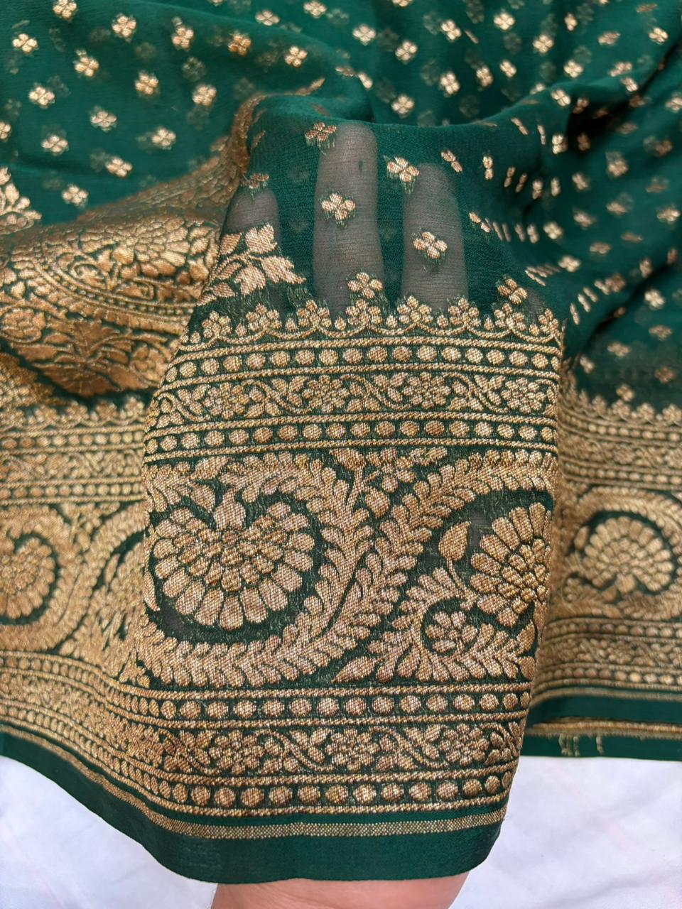 Bottle Green Pure Georgette Paithni Border Designer Anchal Dot Buti Saree