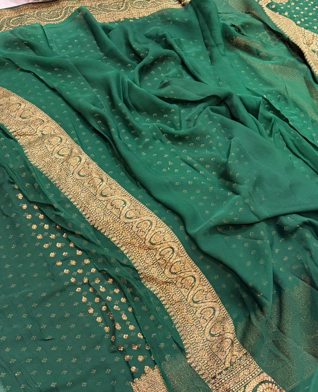 Bottle Green Pure Georgette Paithni Border Designer Anchal Dot Buti Saree