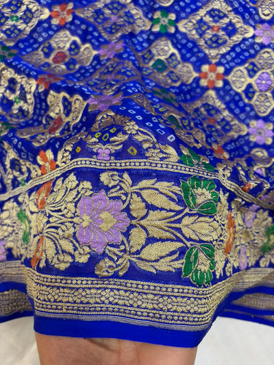 Royal Blue Pure Georgette Meenakari Bandhani Saree