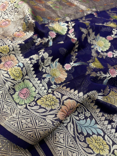 Navy Blue Pure Georgette with All Over Brush Paint Work