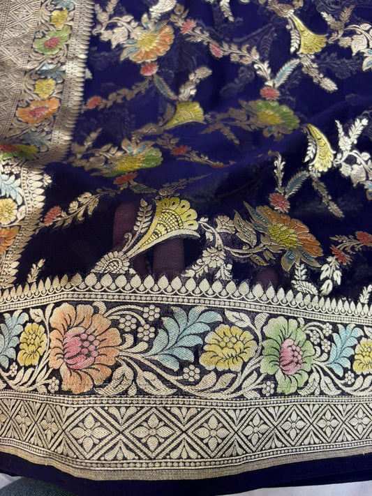 Navy Blue Pure Georgette with All Over Brush Paint Work
