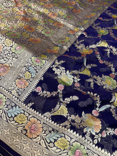 Navy Blue Pure Georgette with All Over Brush Paint Work