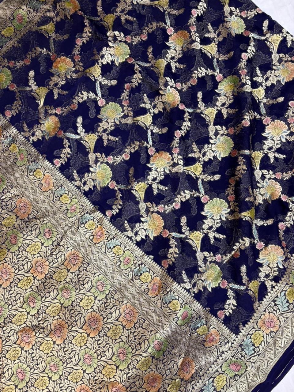 Navy Blue Pure Georgette with All Over Brush Paint Work