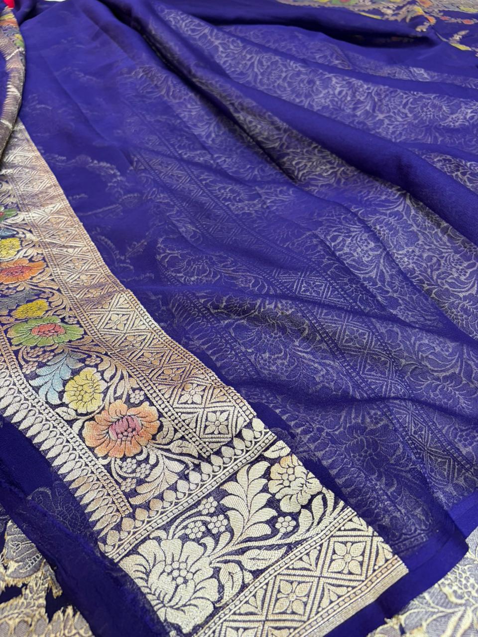 Navy Blue Pure Georgette with All Over Brush Paint Work