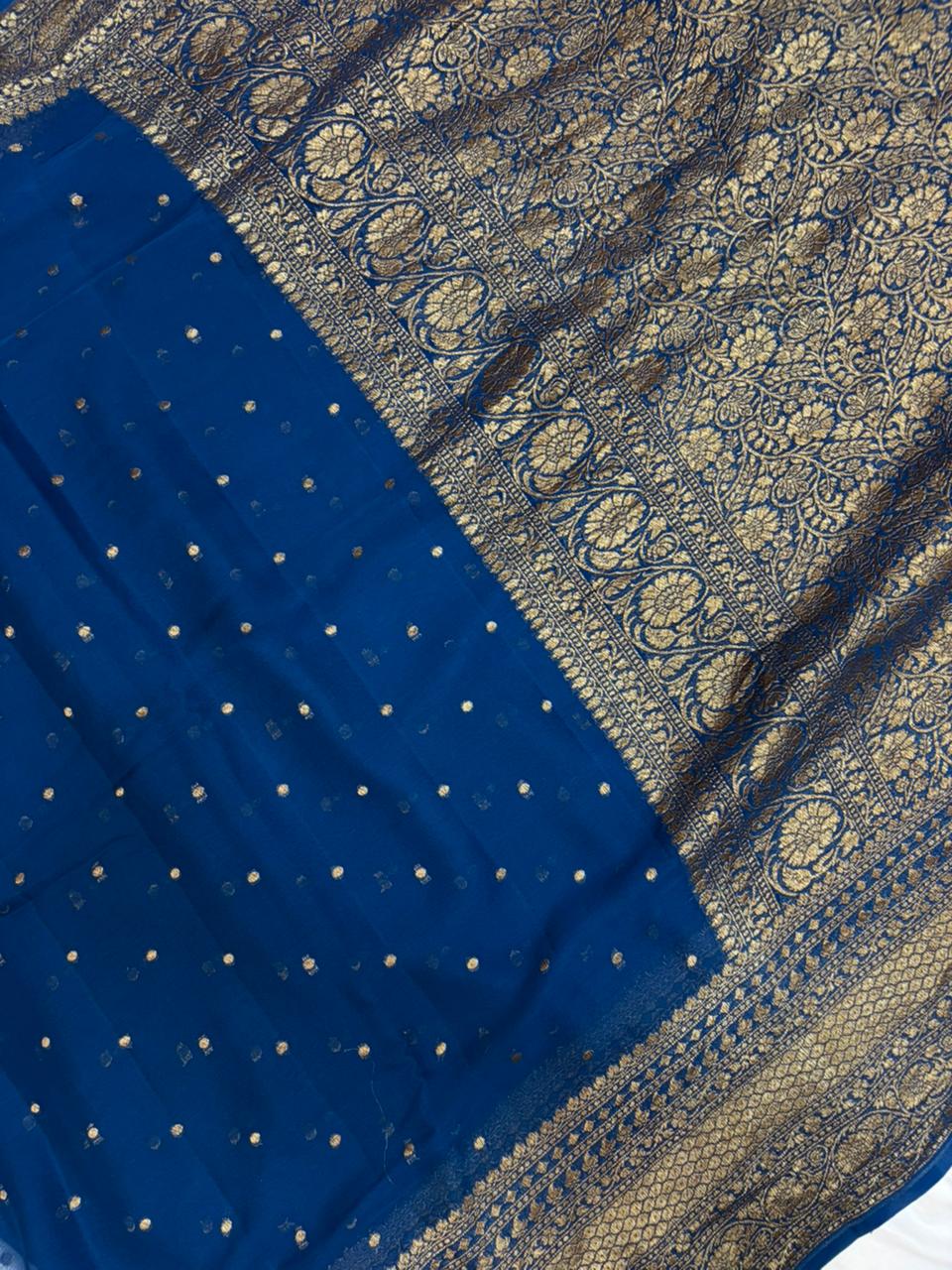 German Blue Pure Georgette Zari Border Anchal Dot Buti Saree