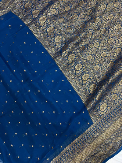 German Blue Pure Georgette Zari Border Anchal Dot Buti Saree