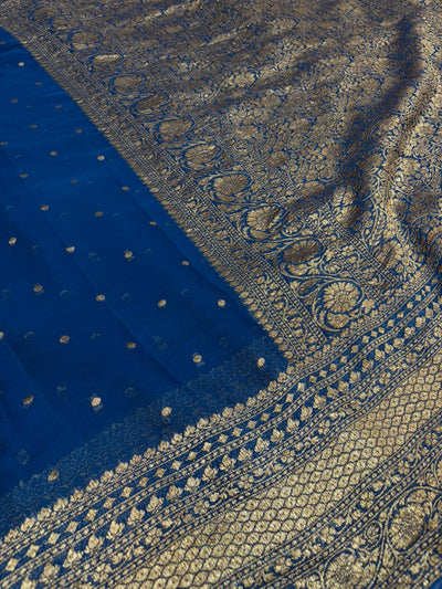 German Blue Pure Georgette Zari Border Anchal Dot Buti Saree