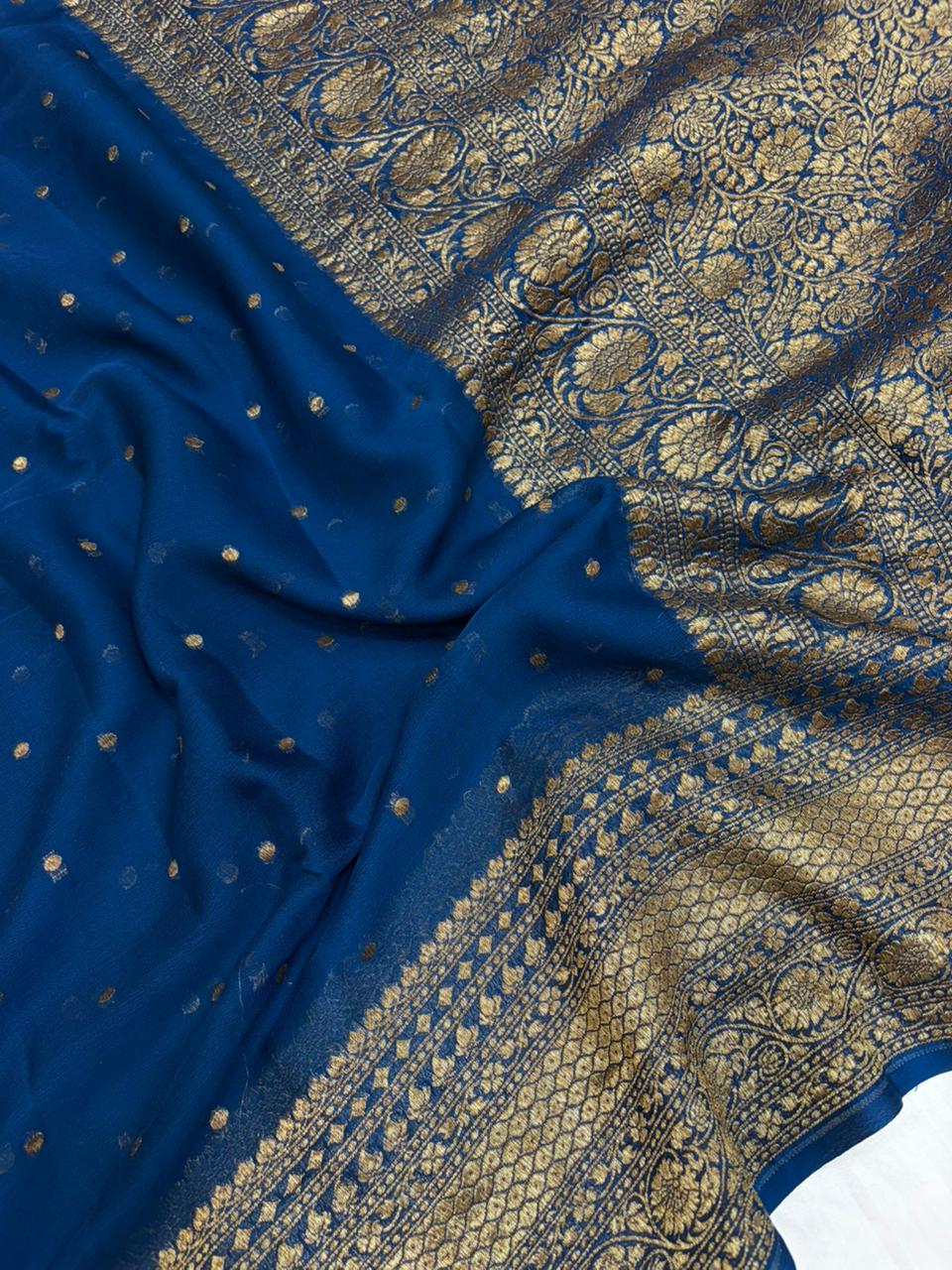 German Blue Pure Georgette Zari Border Anchal Dot Buti Saree