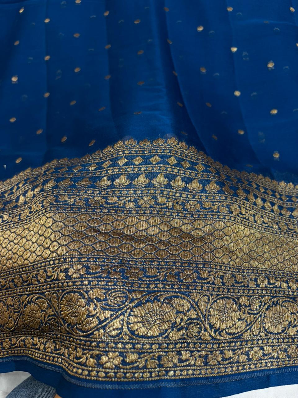 German Blue Pure Georgette Zari Border Anchal Dot Buti Saree