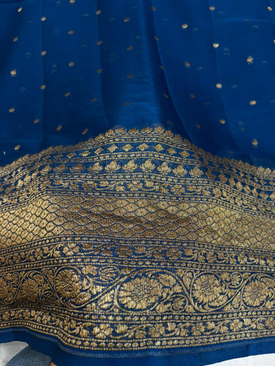 German Blue Pure Georgette Zari Border Anchal Dot Buti Saree
