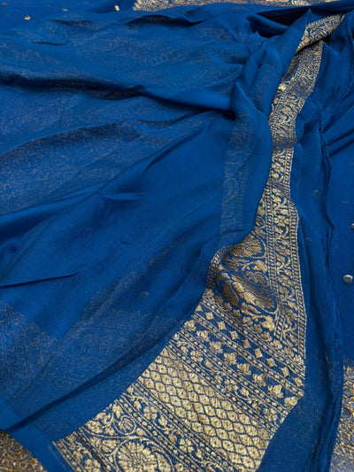 German Blue Pure Georgette Zari Border Anchal Dot Buti Saree