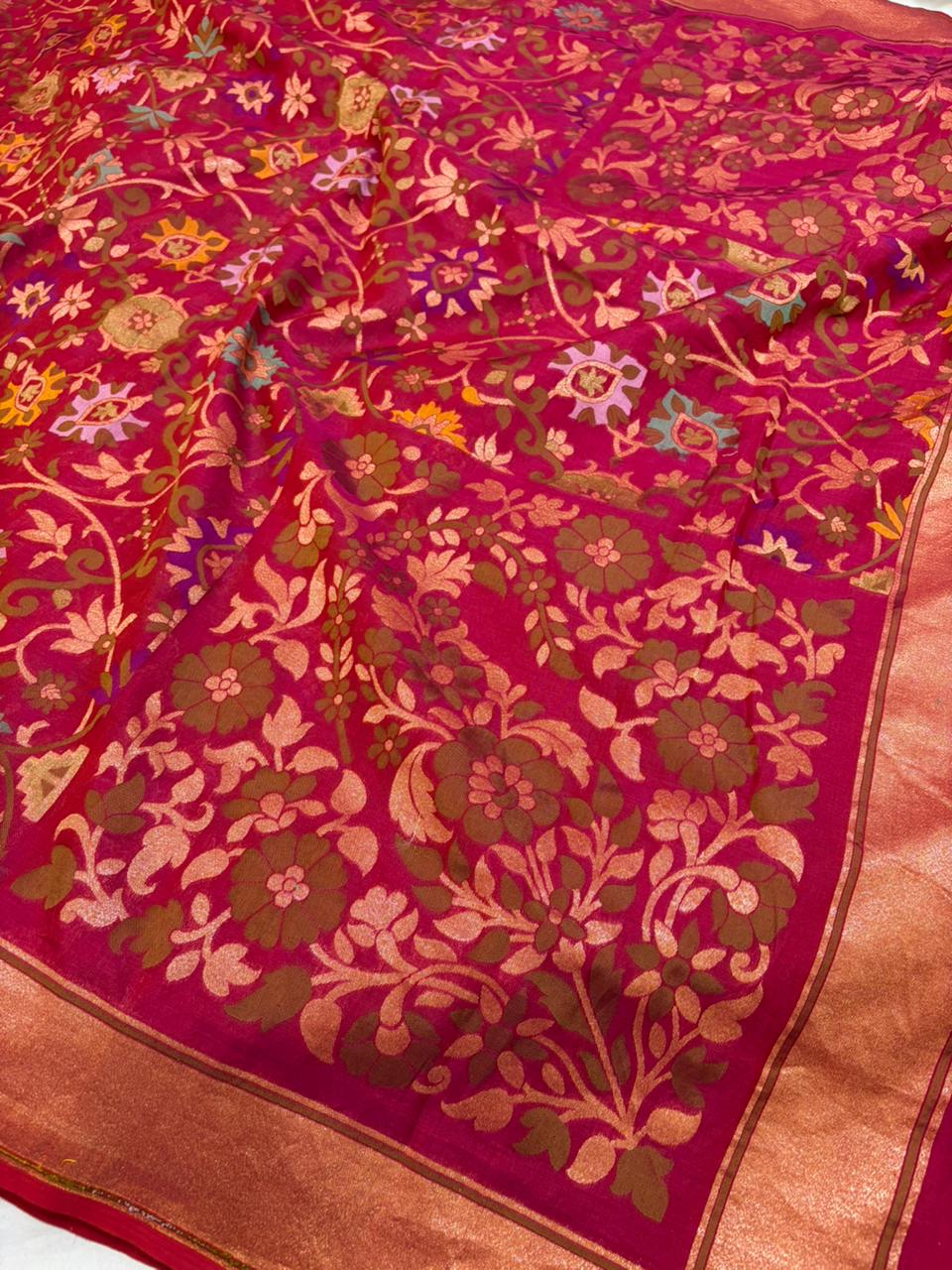 Magenta Pure Cotton Silk Iktara Jamdani Saree