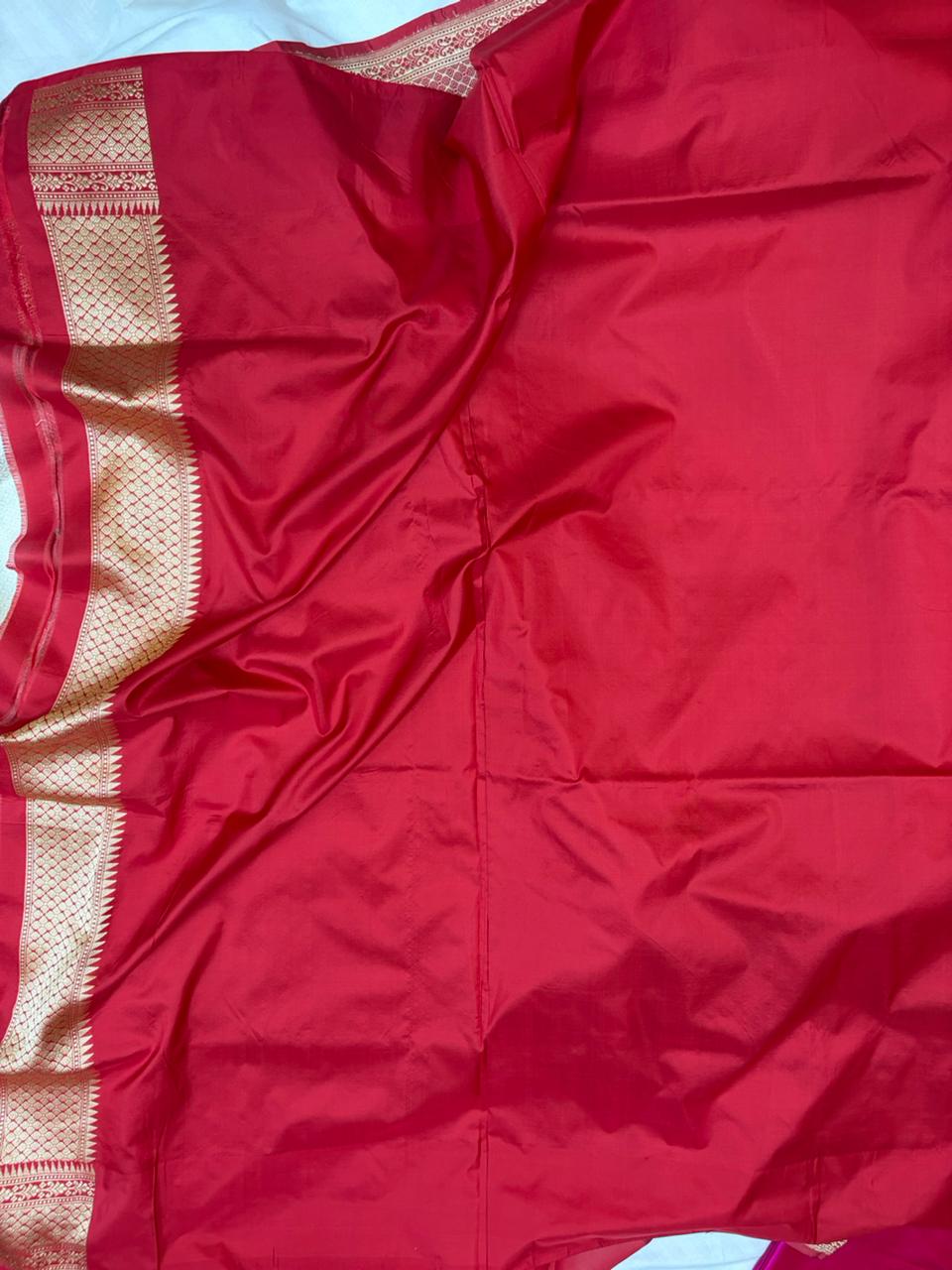 Red & Cream Contrast Pure Katan Silk Banarasi Zari Border Plain Saree