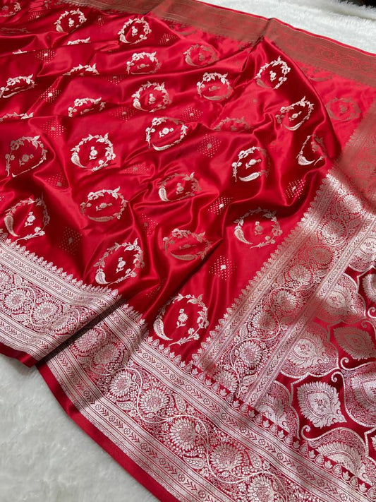 Red Mashru Silk Zari Banarasi Border Buta Saree