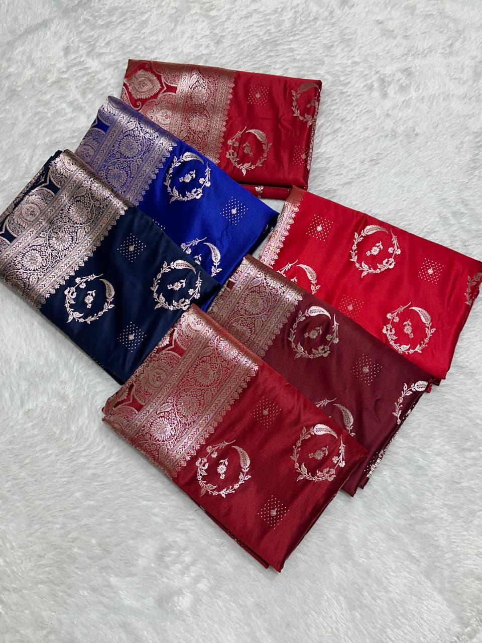 Navy Blue Mashru Silk Zari Banarasi Border Buta Saree