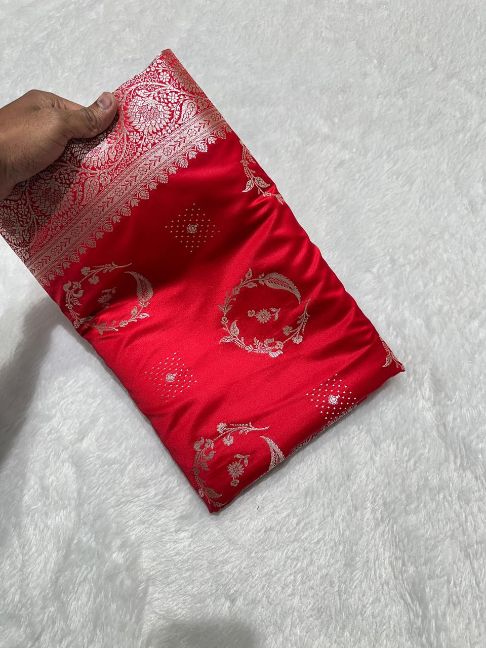 Red Mashru Silk Zari Banarasi Border Buta Saree