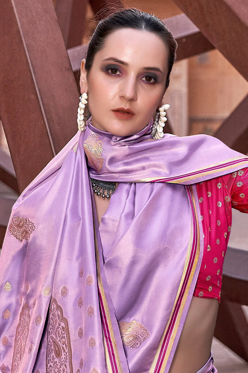 Bright Bright Lavender Banarasi Satin Silk Saree