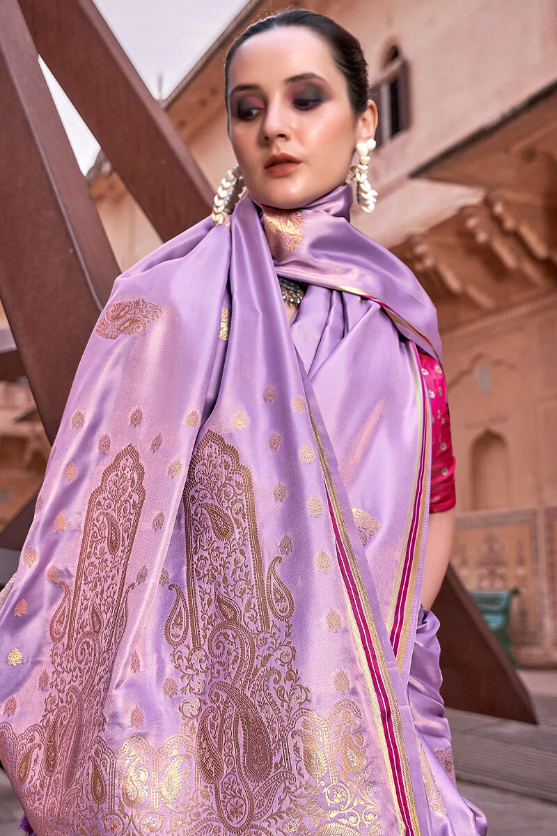 Bright Bright Lavender Banarasi Satin Silk Saree