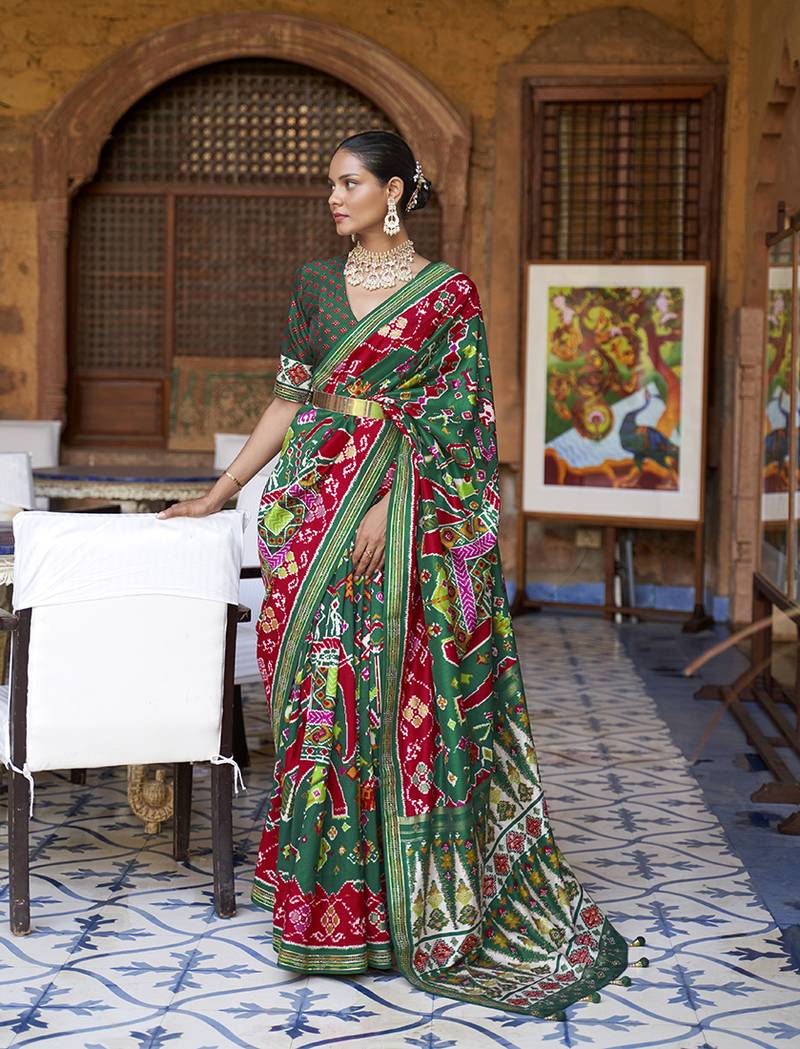 dark green printed silk saree with blouse