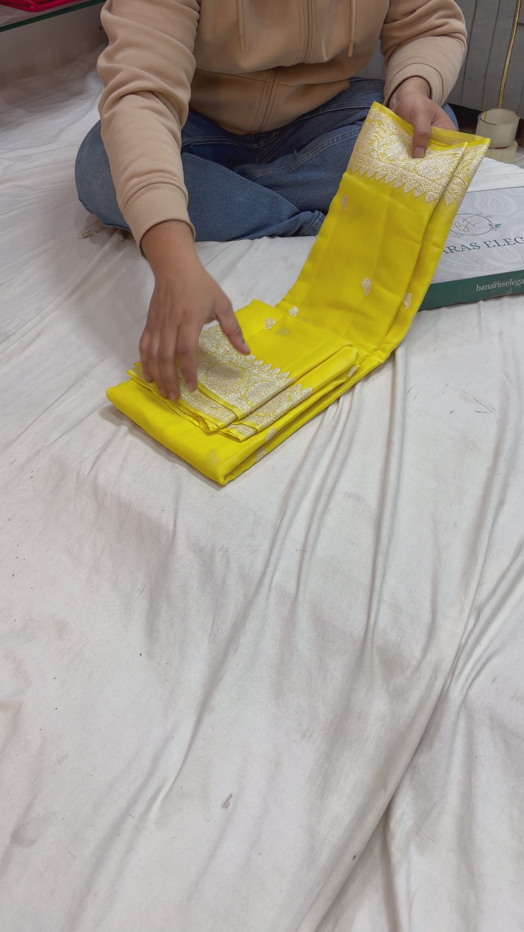 Lemon Yellow  Pure Khaddi Chiffon Banarasi Border Booti Saree