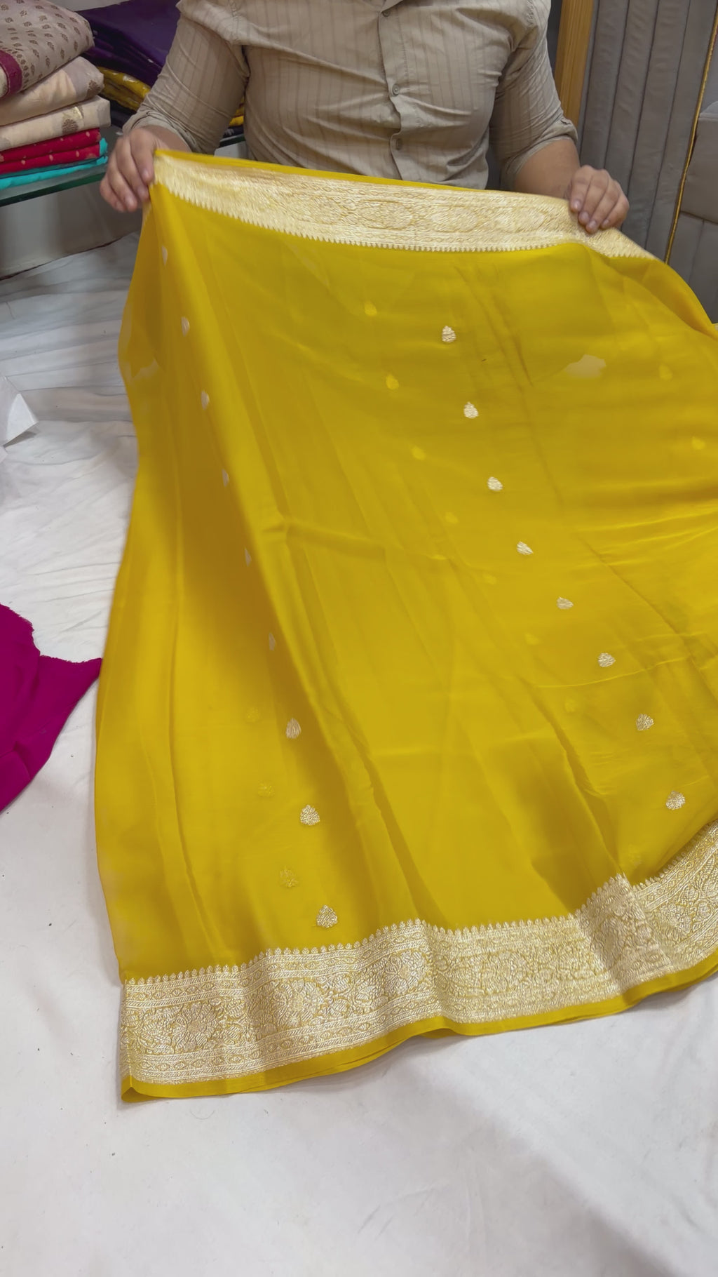 Pure khaddi chiffon saree in mustard gold colour