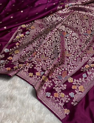 Banarasi Mashru silk saree in magenta colour with handbrush paint work
