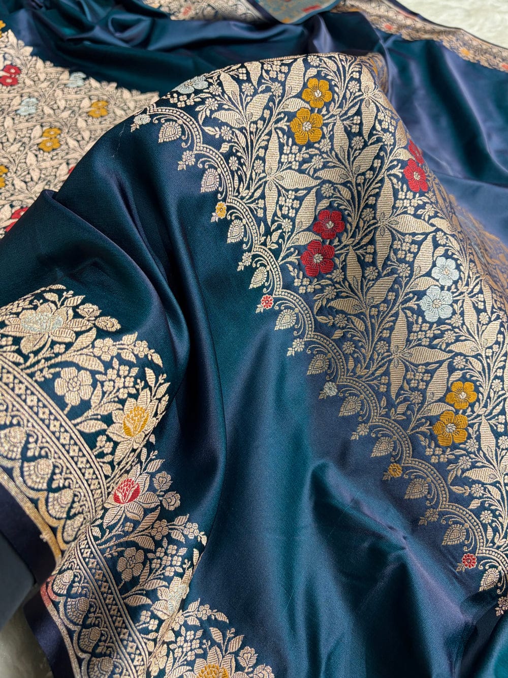 Banarasi Mashru silk meena kari work saree in German blue colour